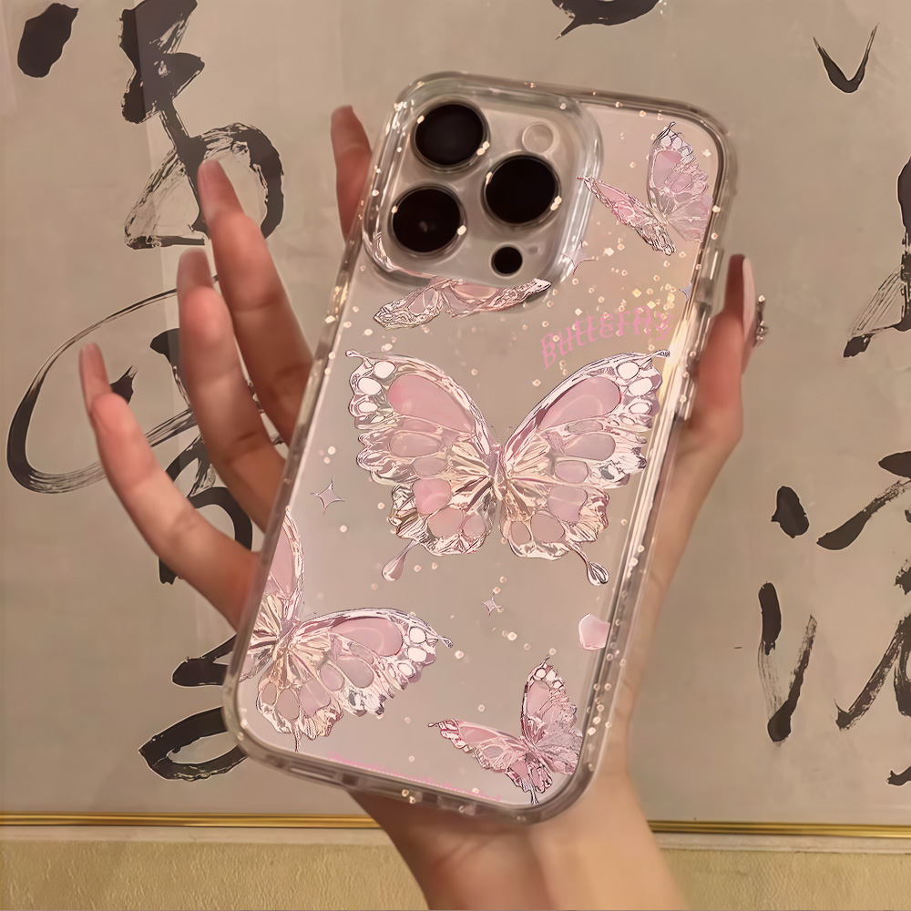 Clear Shockproof Bumper Case - 핑크 나비 클리어 글리터 폰 케이스